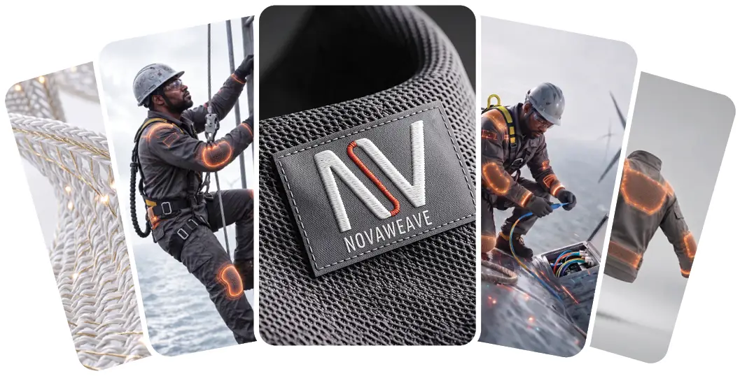 Novaweave brand image pack: technical textile details and connected workwear in use